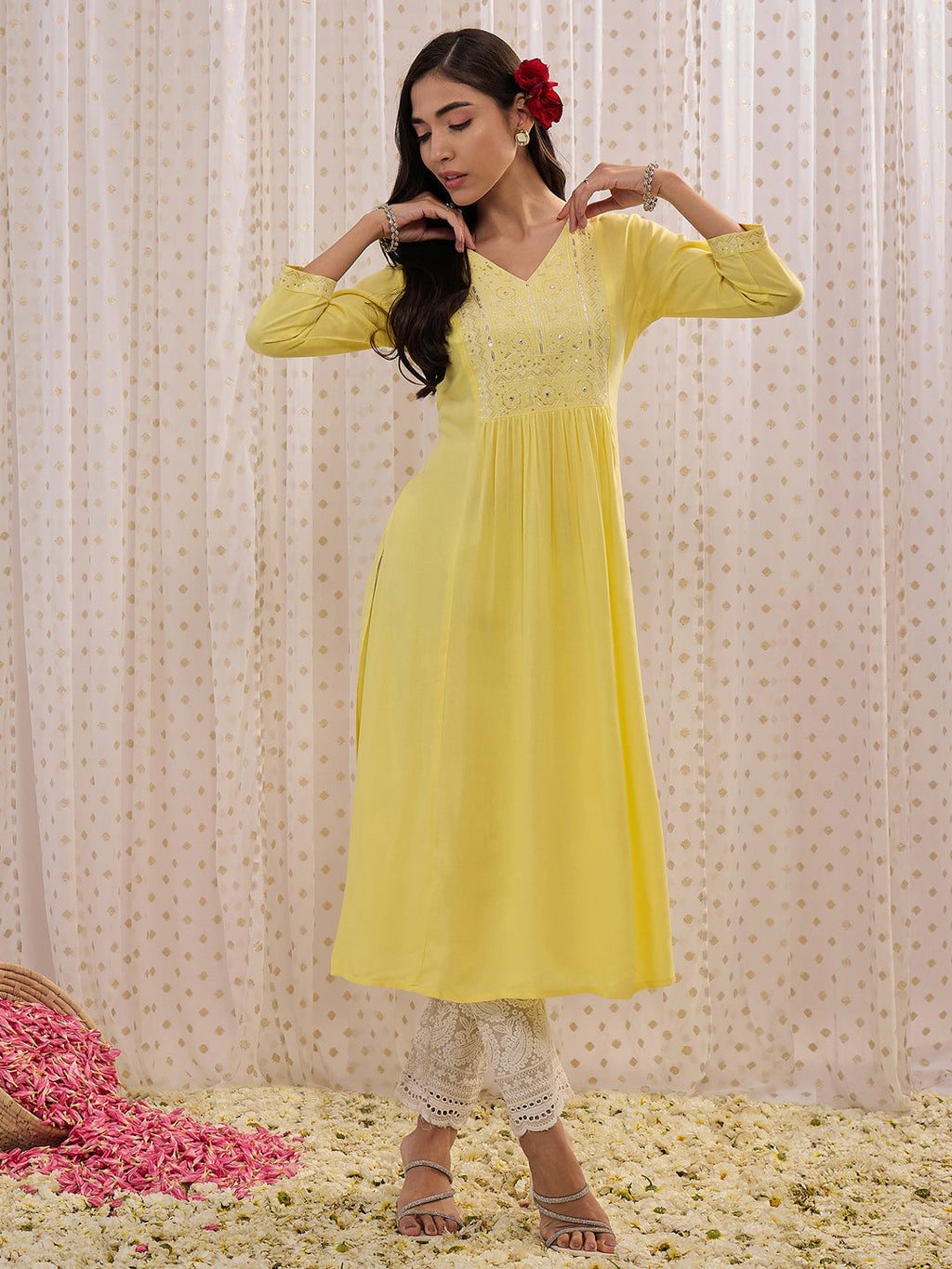 Indo Era Yellow Embroidered A-Line Kurta | Grocsy