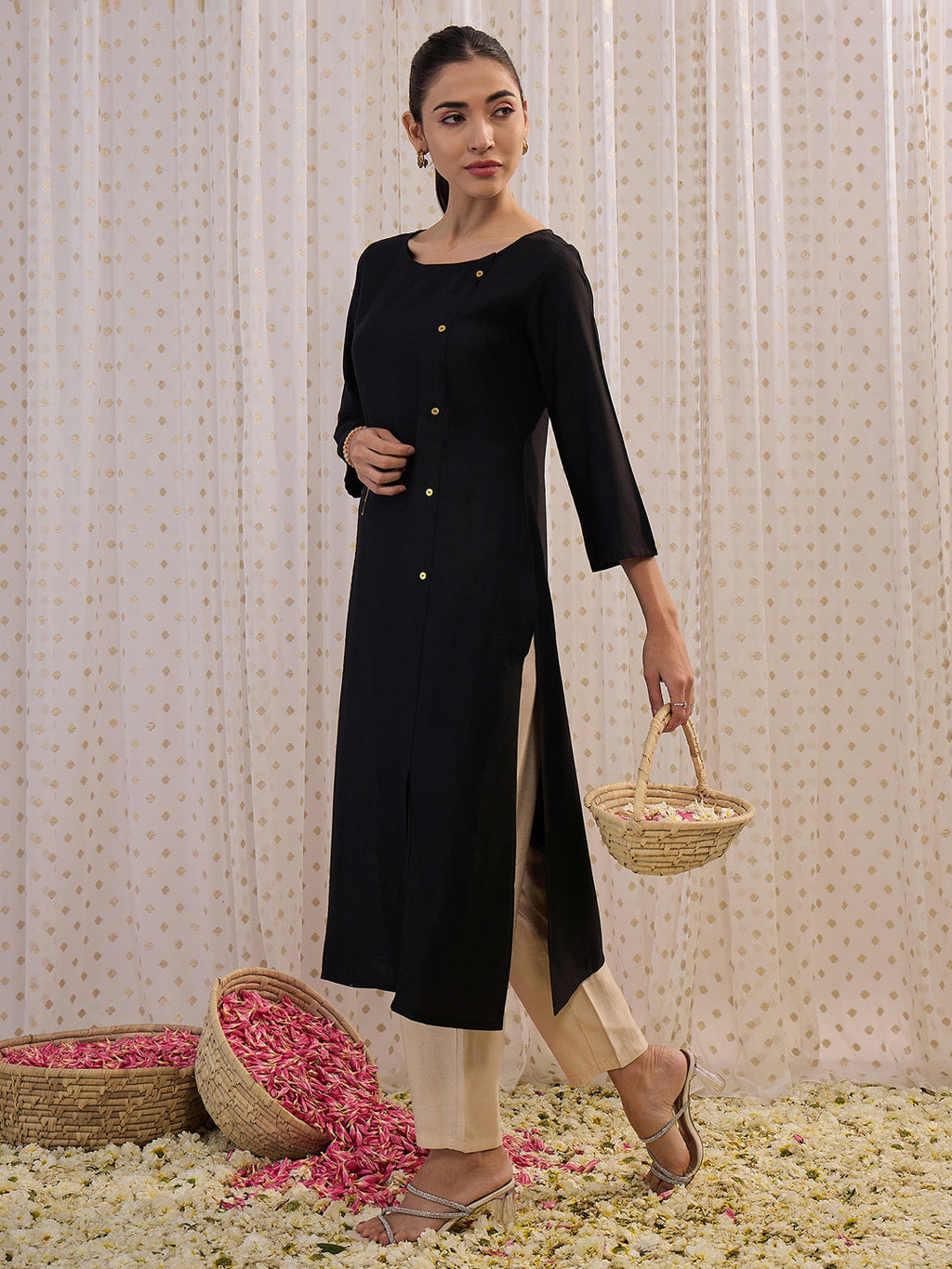 Indo Era Black Solid Straight Kurta | Grocsy
