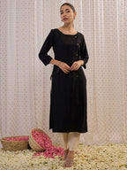 Indo Era Black Solid Straight Kurta | Grocsy