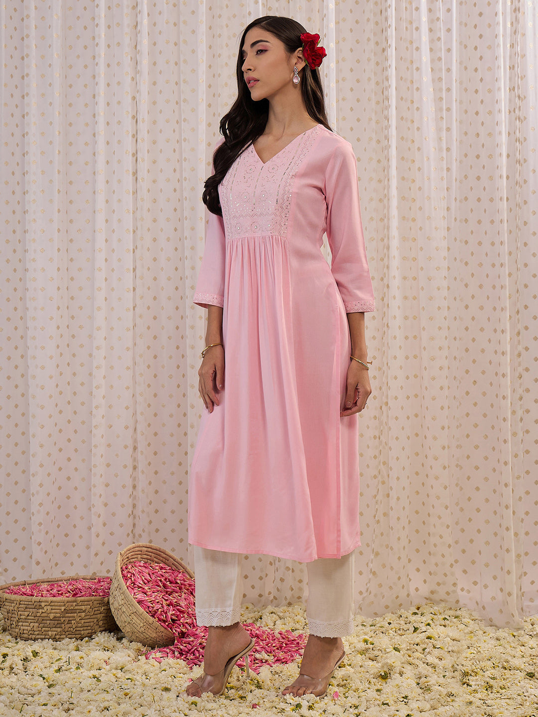 Indo Era Pink Embroidered A-Line Kurta | Grocsy