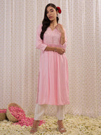 Indo Era Pink Embroidered A-Line Kurta | Grocsy