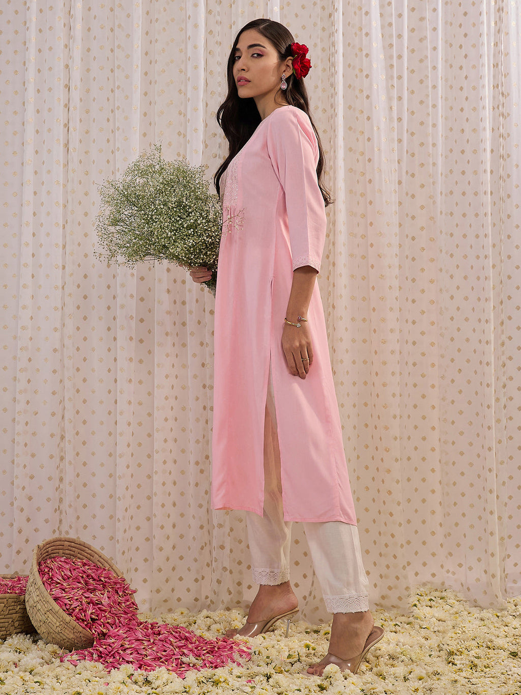 Indo Era Pink Embroidered A-Line Kurta | Grocsy