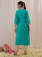 Indo Era Blue Embroidered Straight Kurta | Grocsy