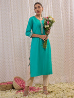 Indo Era Blue Embroidered Straight Kurta | Grocsy