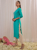 Indo Era Blue Embroidered Straight Kurta | Grocsy