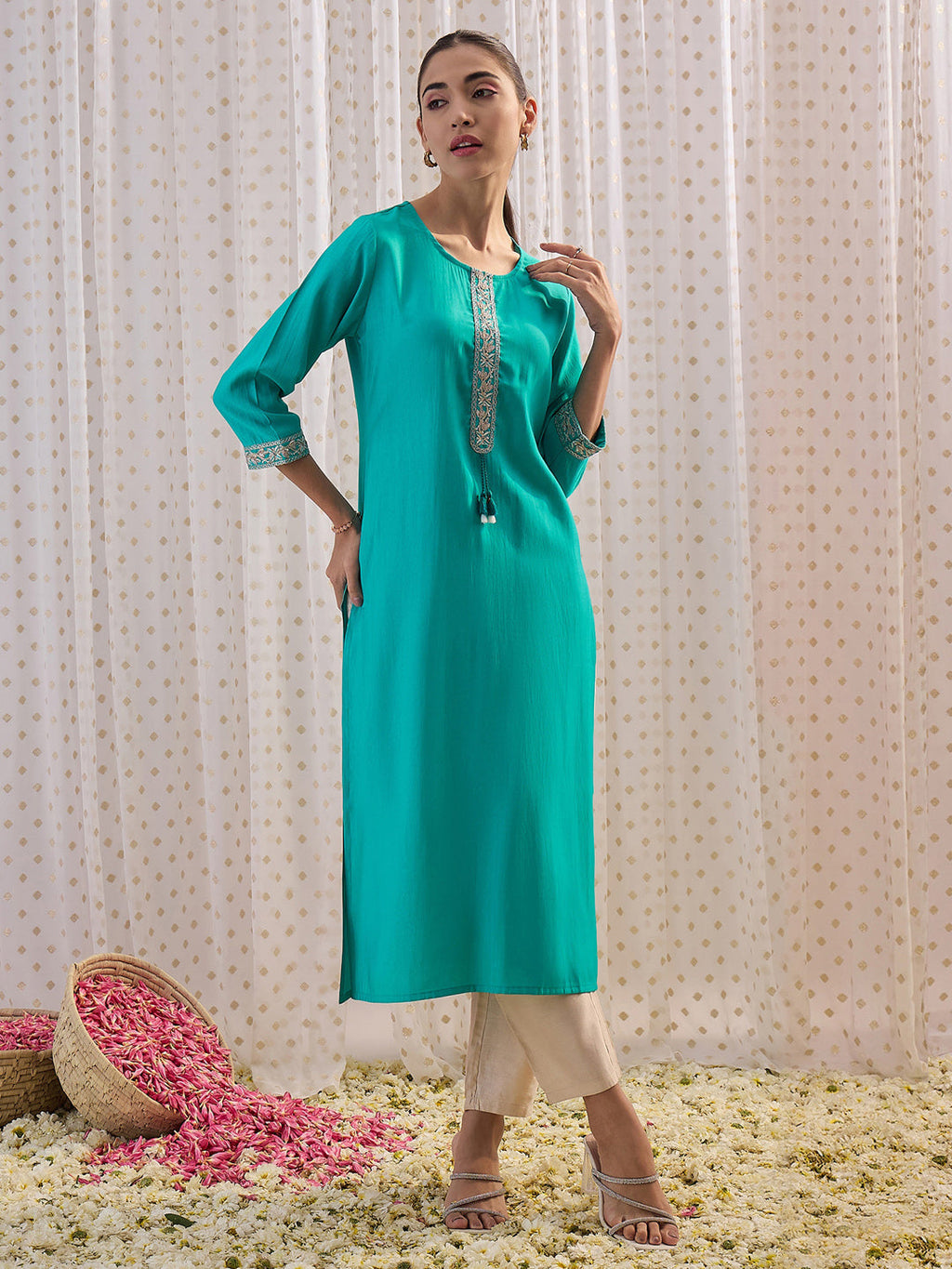 Indo Era Blue Embroidered Straight Kurta | Grocsy