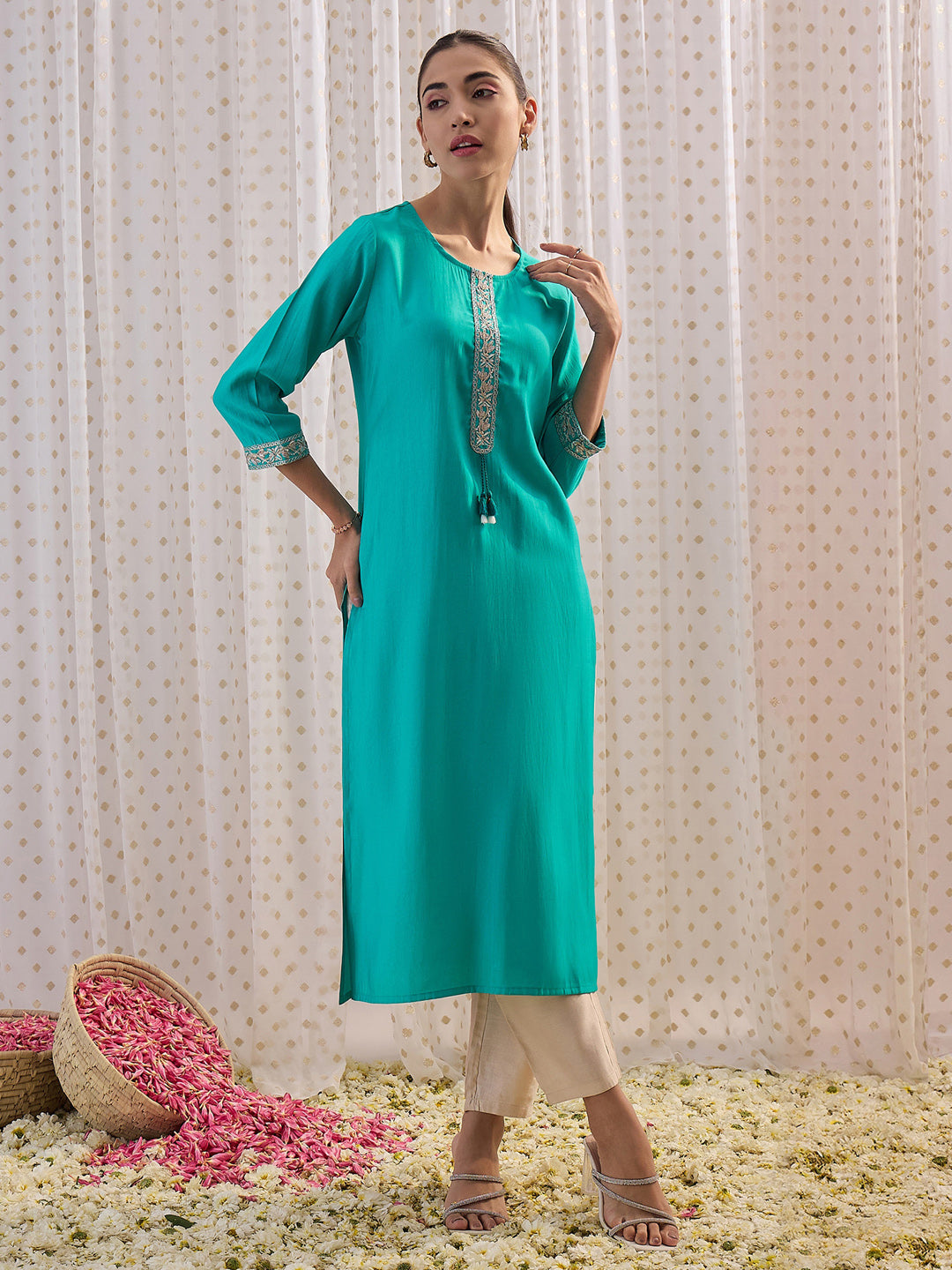 Indo Era Blue Embroidered Straight Kurta | Grocsy