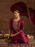 Indo Era Maroon Embroidered Straight Kurta Trousers With Dupatta set | Grocsy