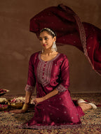 Indo Era Maroon Embroidered Straight Kurta Trousers With Dupatta set | Grocsy