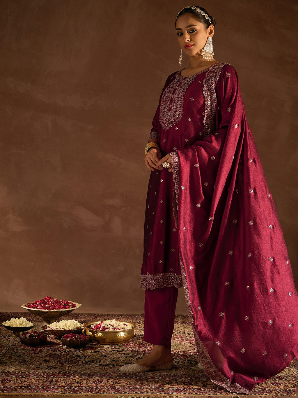 Indo Era Maroon Embroidered Straight Kurta Trousers With Dupatta set | Grocsy