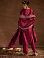 Indo Era Maroon Embroidered Straight Kurta Trousers With Dupatta set | Grocsy