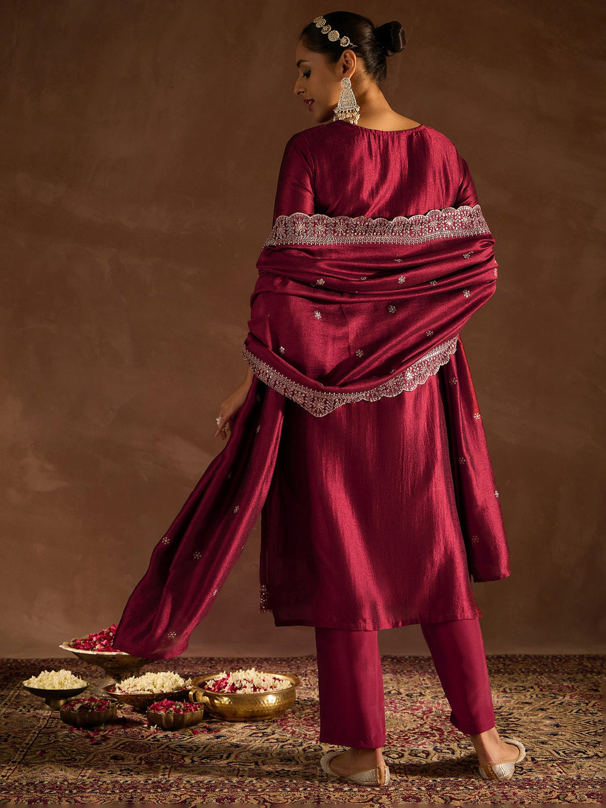 Indo Era Maroon Embroidered Straight Kurta Trousers With Dupatta set | Grocsy