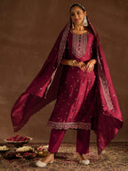 Indo Era Maroon Embroidered Straight Kurta Trousers With Dupatta set | Grocsy