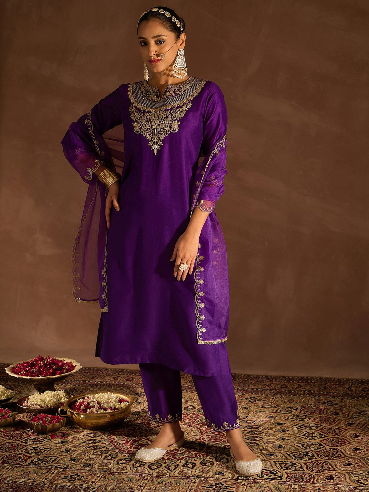 Indo Era Purple Embroidered Straight Kurta Trousers With Dupatta set | Grocsy
