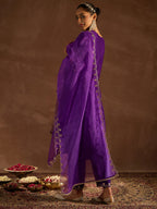 Indo Era Purple Embroidered Straight Kurta Trousers With Dupatta set | Grocsy