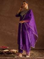 Indo Era Purple Embroidered Straight Kurta Trousers With Dupatta set | Grocsy
