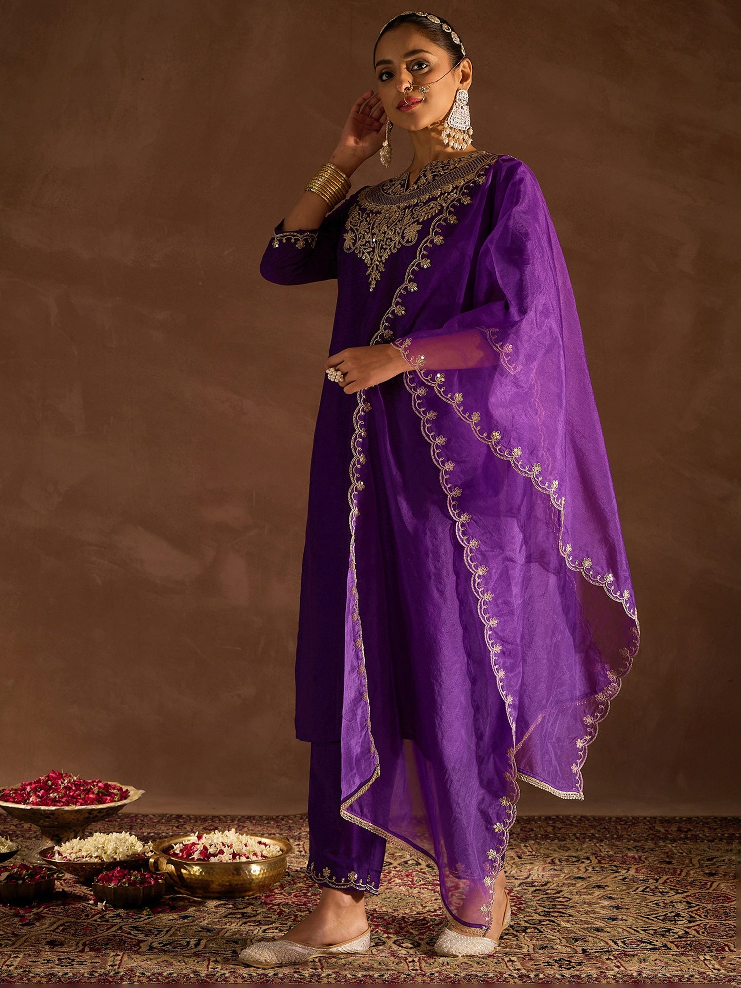 Indo Era Purple Embroidered Straight Kurta Trousers With Dupatta set | Grocsy