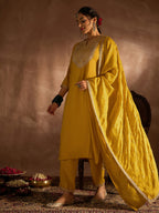 Indo Era Yellow Embroidered Straight Kurta Trousers With Dupatta set | Grocsy