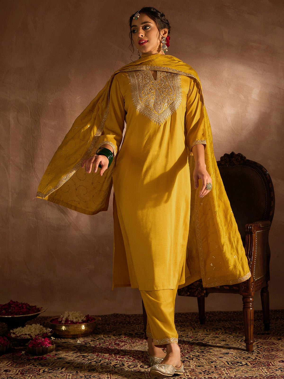 Indo Era Yellow Embroidered Straight Kurta Trousers With Dupatta set | Grocsy