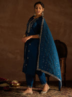 Indo Era Teal Embroidered Straight Kurta Trousers With Dupatta set | Grocsy
