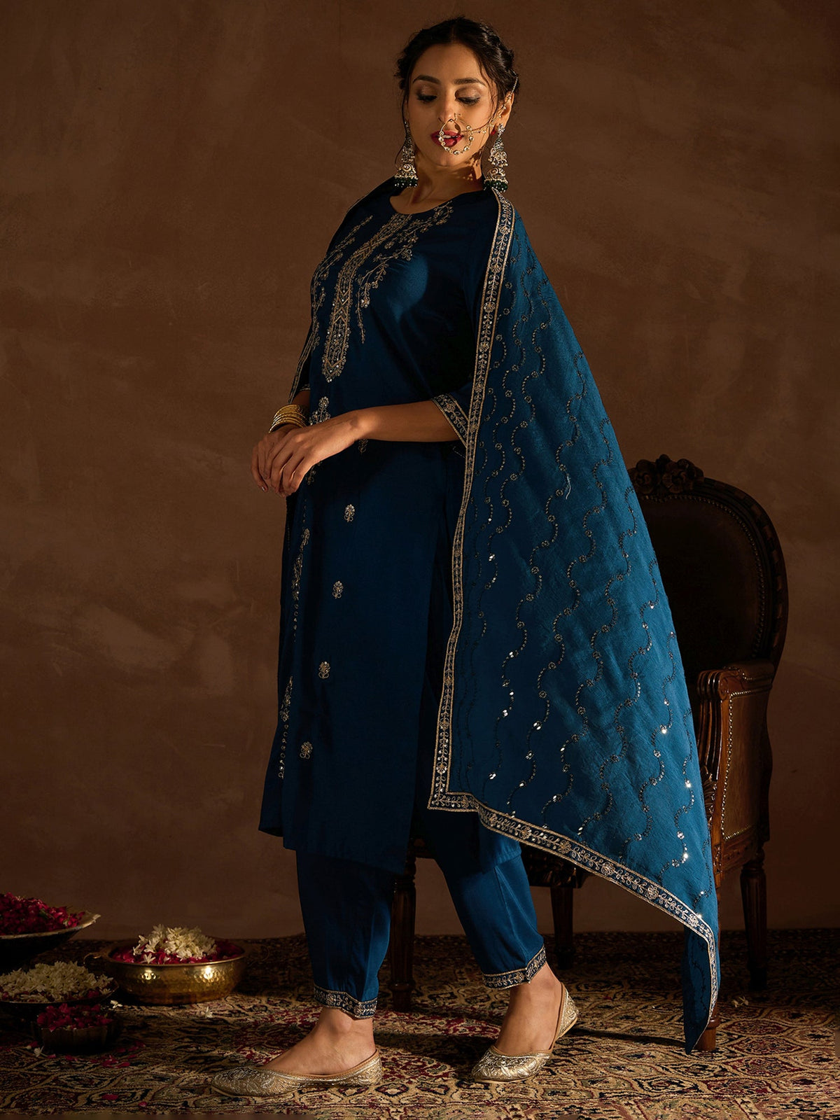 Indo Era Teal Embroidered Straight Kurta Trousers With Dupatta set | Grocsy