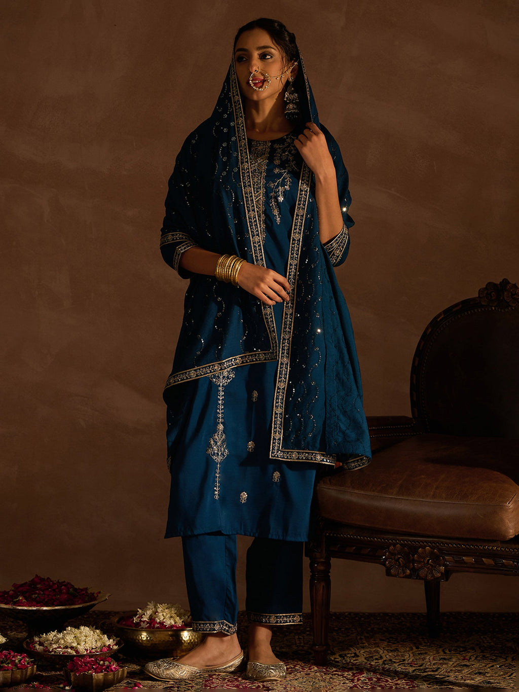 Indo Era Teal Embroidered Straight Kurta Trousers With Dupatta set | Grocsy