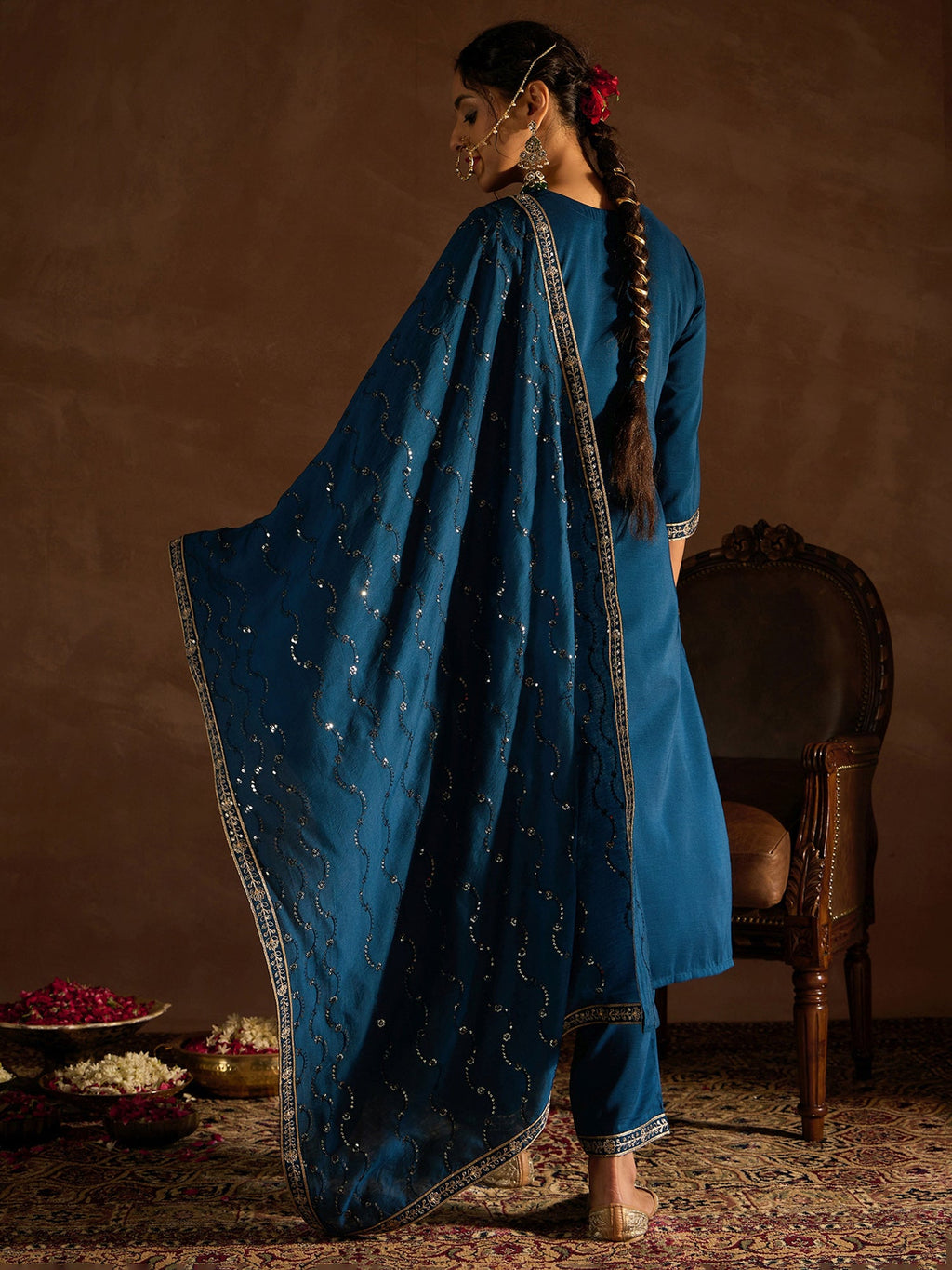 Indo Era Teal Embroidered Straight Kurta Trousers With Dupatta set | Grocsy