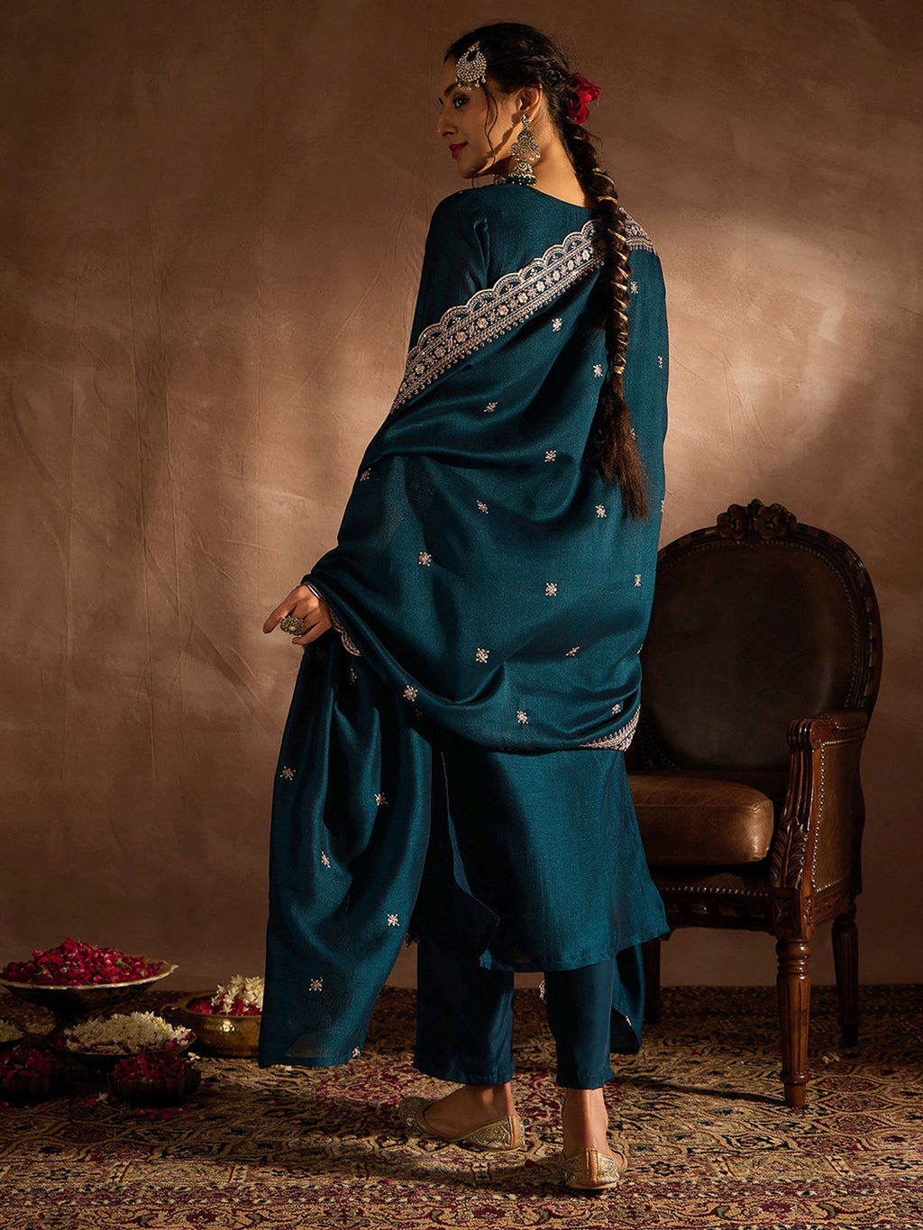 Indo Era Teal Embroidered Straight Kurta Trousers With Dupatta set | Grocsy