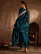 Indo Era Teal Embroidered Straight Kurta Trousers With Dupatta set | Grocsy