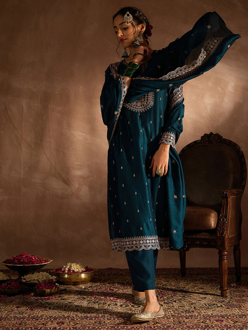 Indo Era Teal Embroidered Straight Kurta Trousers With Dupatta set | Grocsy