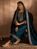 Indo Era Teal Embroidered Straight Kurta Trousers With Dupatta set | Grocsy