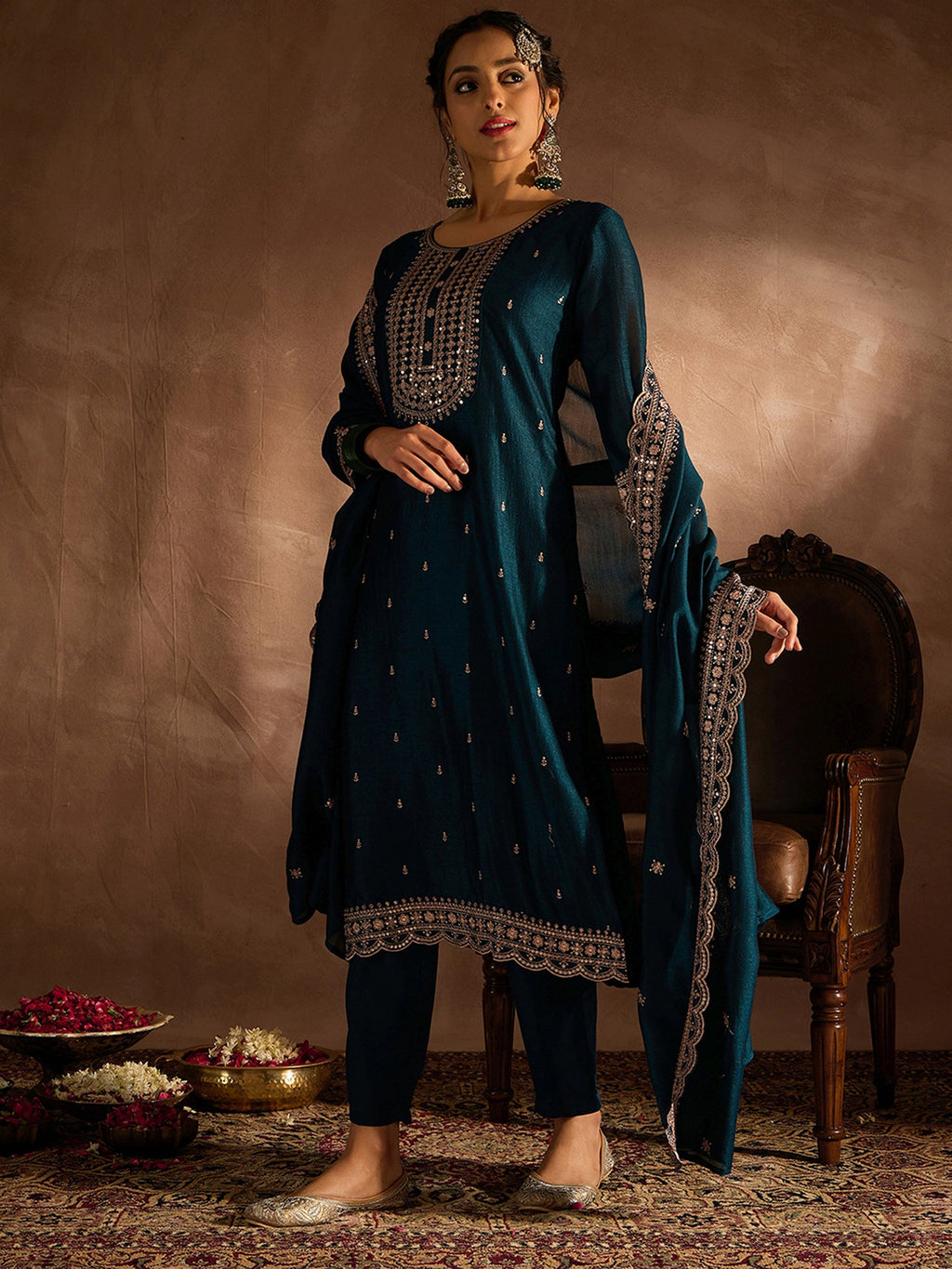Indo Era Teal Embroidered Straight Kurta Trousers With Dupatta set | Grocsy