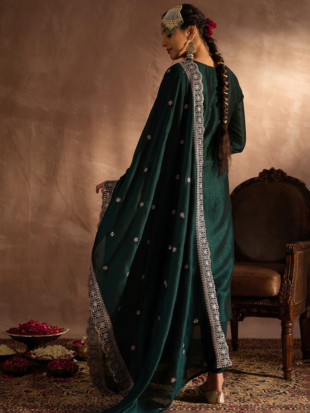 Indo Era Green Embroidered Straight Kurta Trousers With Dupatta set | Grocsy