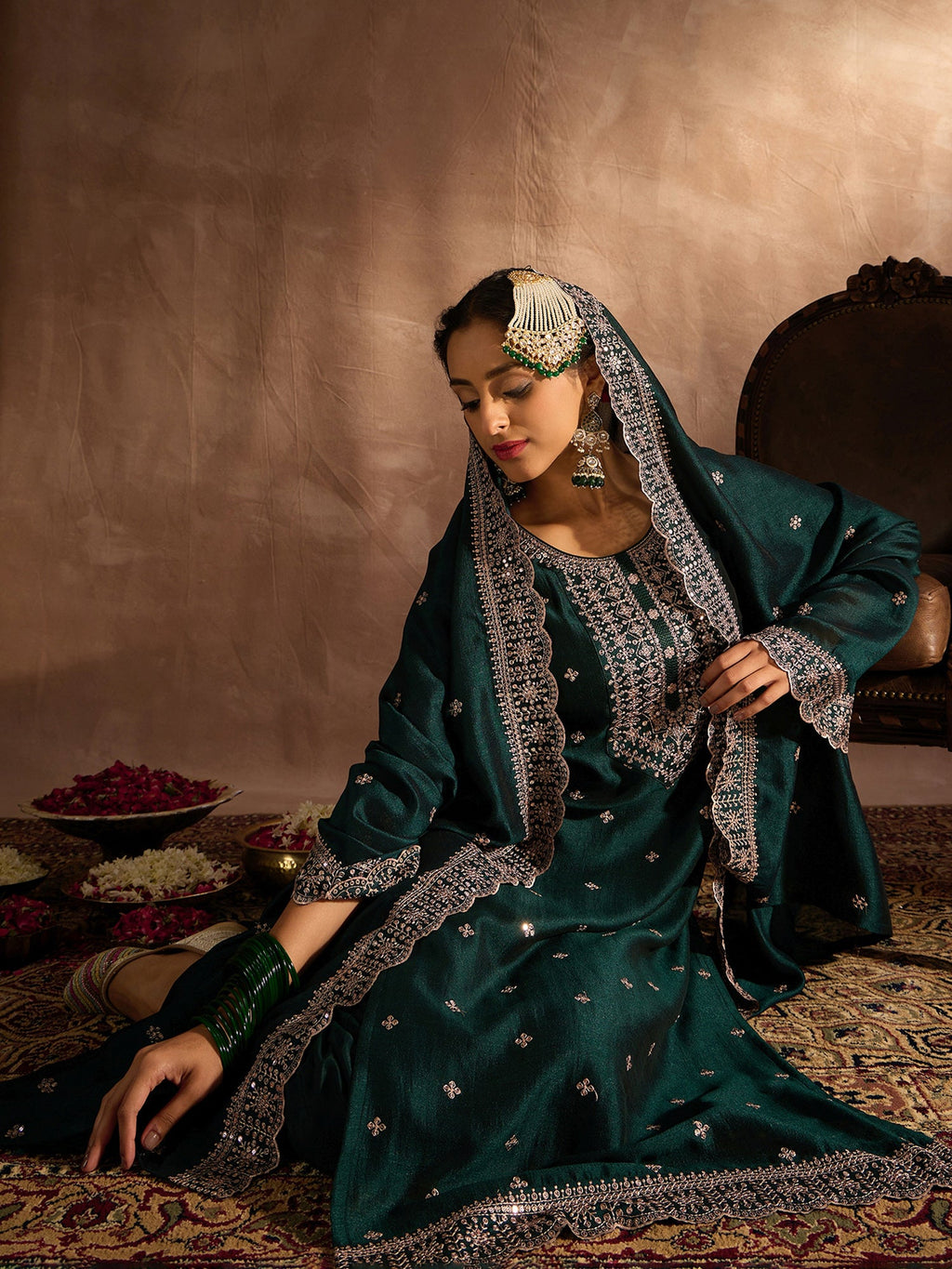 Indo Era Green Embroidered Straight Kurta Trousers With Dupatta set | Grocsy