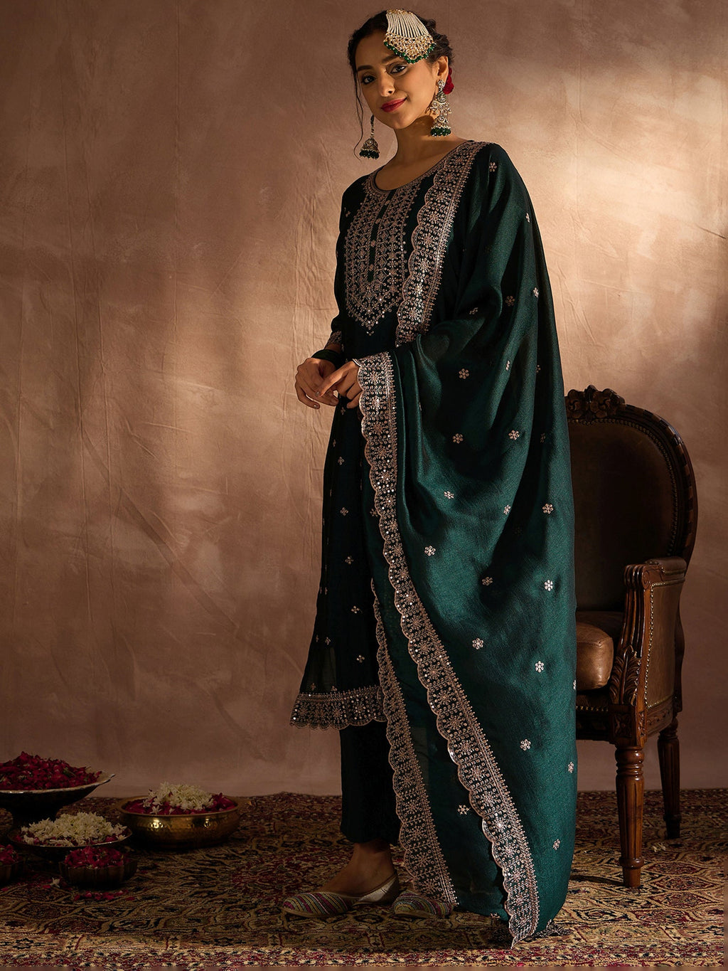 Indo Era Green Embroidered Straight Kurta Trousers With Dupatta set | Grocsy