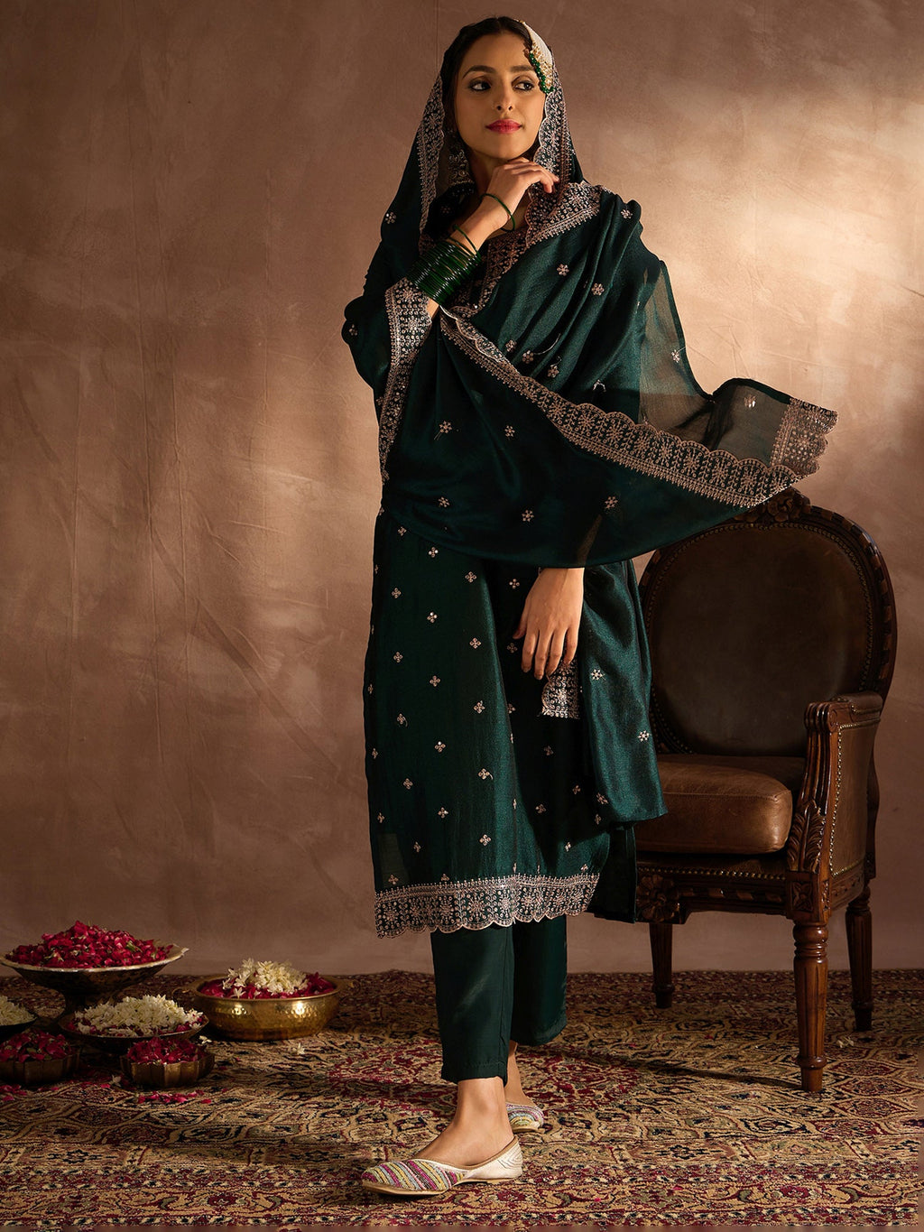 Indo Era Green Embroidered Straight Kurta Trousers With Dupatta set | Grocsy