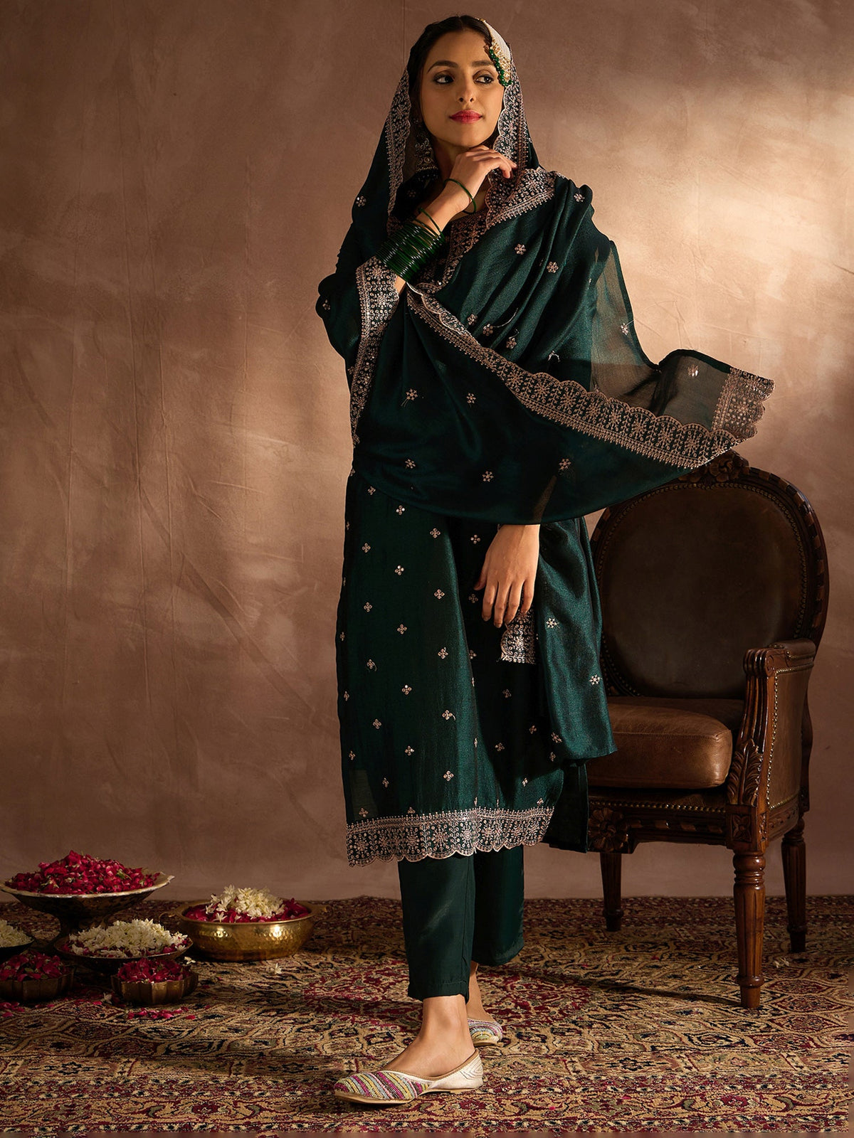 Indo Era Green Embroidered Straight Kurta Trousers With Dupatta set | Grocsy