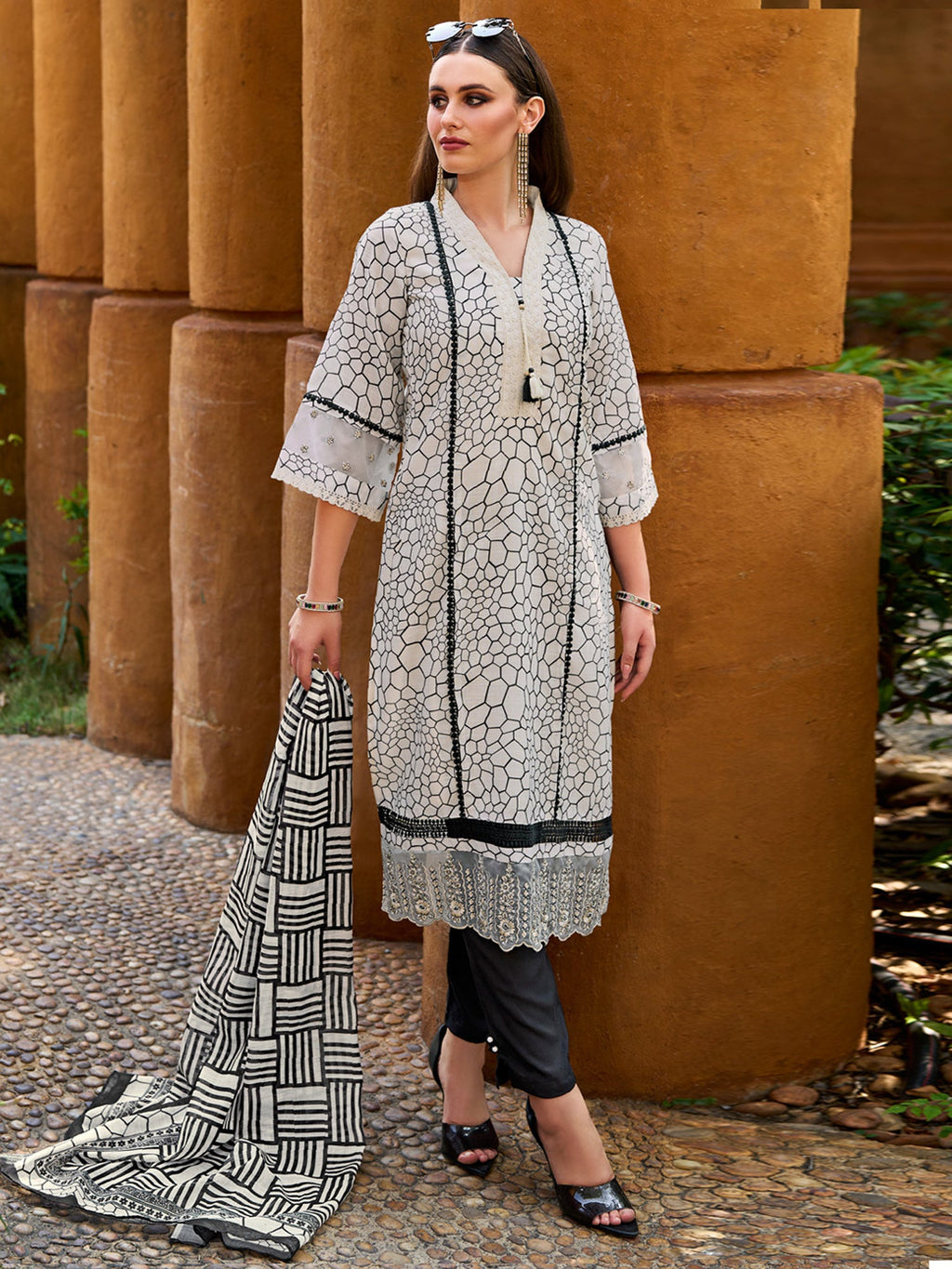 Indo Era Off White Printed Straight Kurta Trousers With Dupatta set | Grocsy