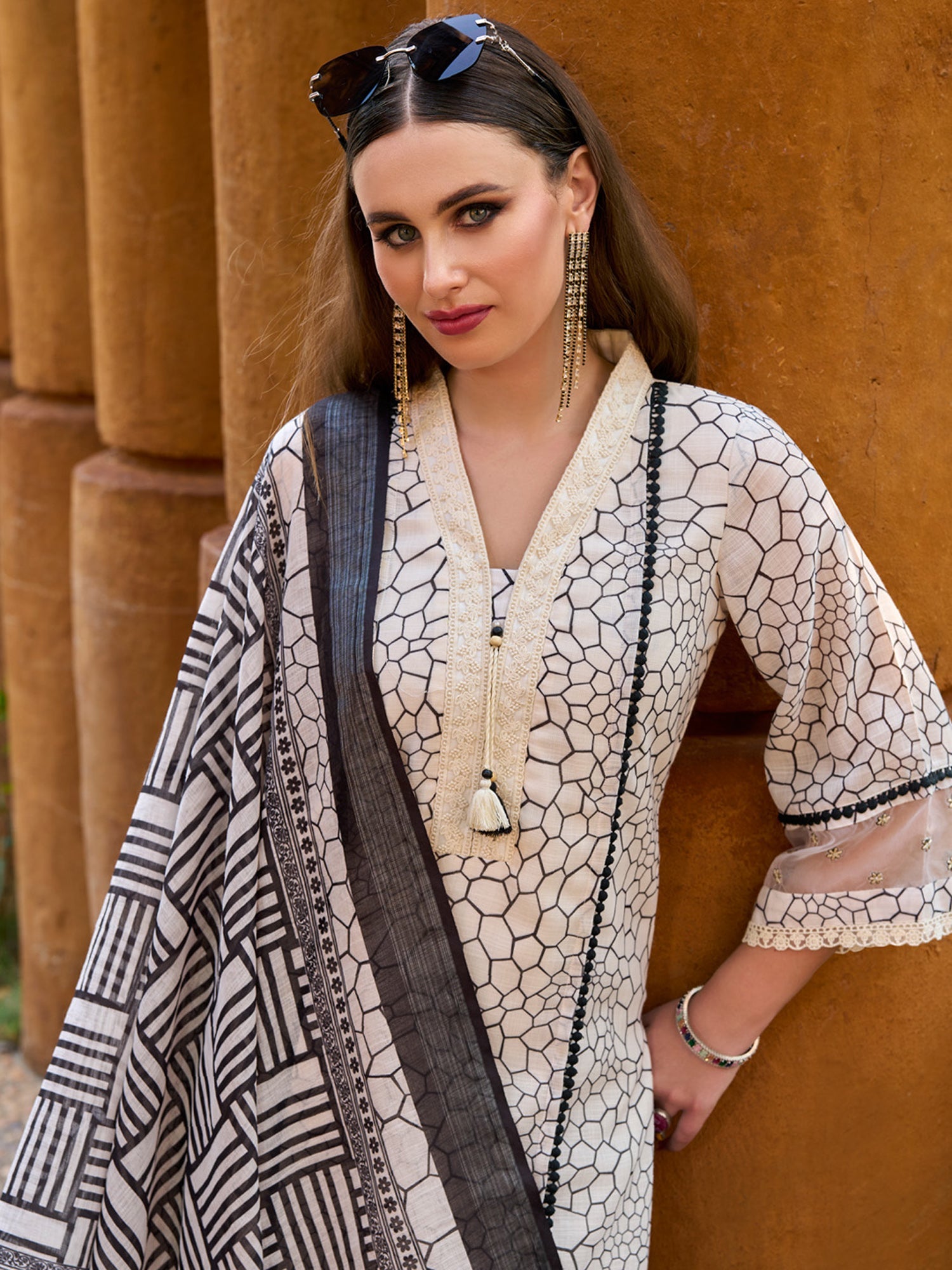 Indo Era Off White Printed Straight Kurta Trousers With Dupatta set | Grocsy