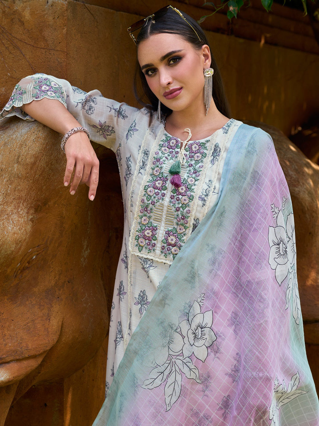 Indo Era Off White Printed Straight Kurta Trousers With Dupatta set | Grocsy