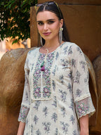 Indo Era Off White Printed Straight Kurta Trousers With Dupatta set | Grocsy