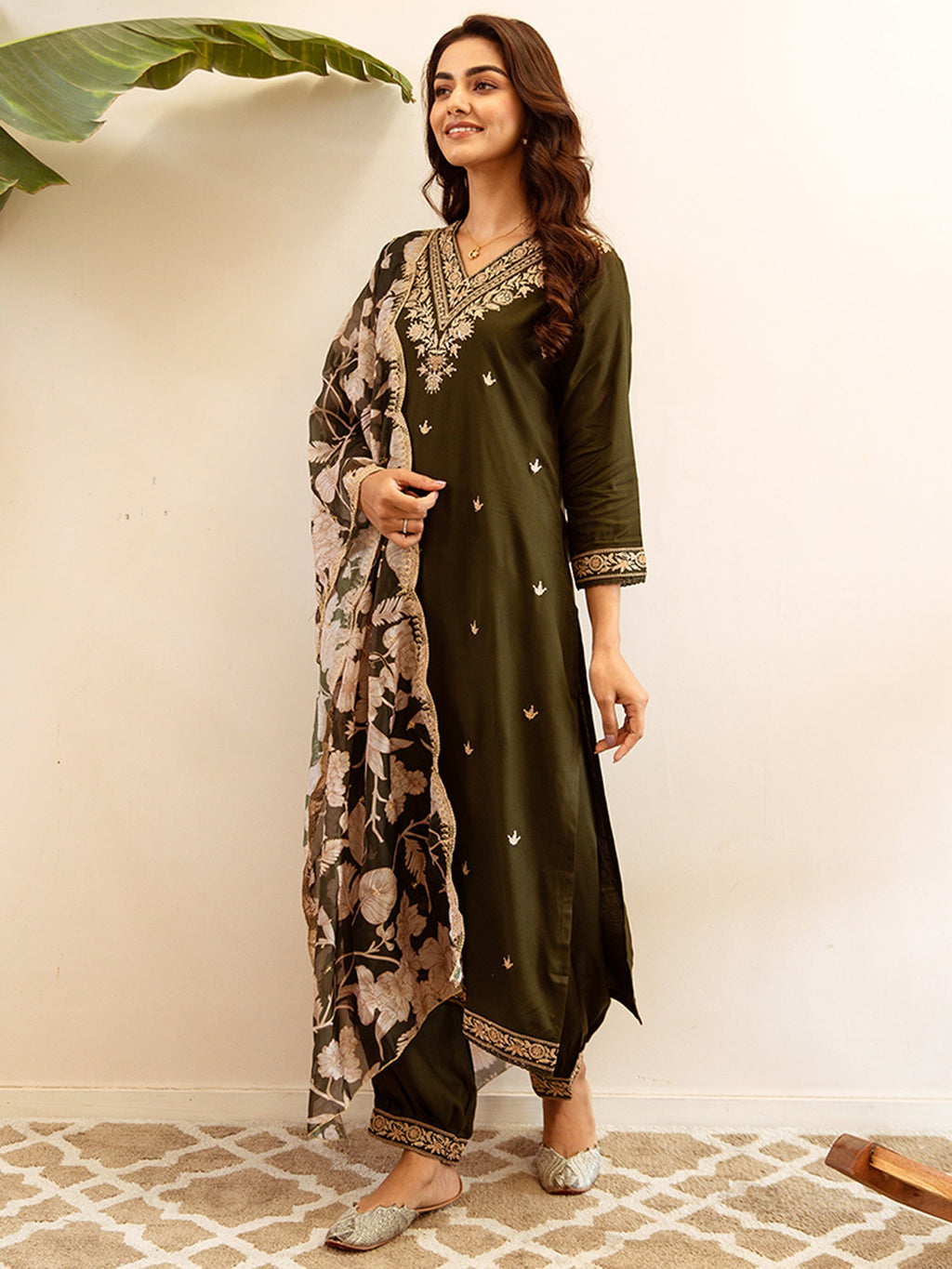 Indo Era Green Embroidered Straight Kurta Salwar With Dupatta set | Grocsy