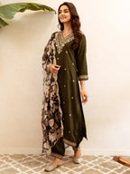 Indo Era Green Embroidered Straight Kurta Salwar With Dupatta set | Grocsy