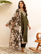 Indo Era Green Embroidered Straight Kurta Salwar With Dupatta set | Grocsy