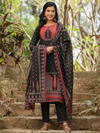 Indo Era Black Printed Straight Kurta Trousers With Dupatta set | Grocsy