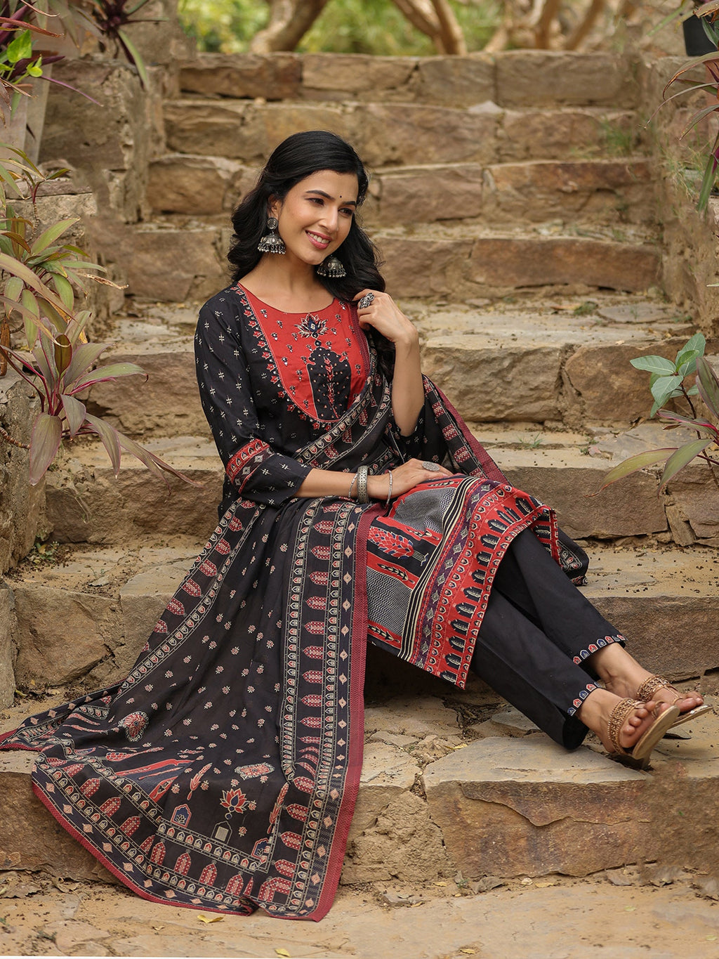 Indo Era Black Printed Straight Kurta Trousers With Dupatta set | Grocsy