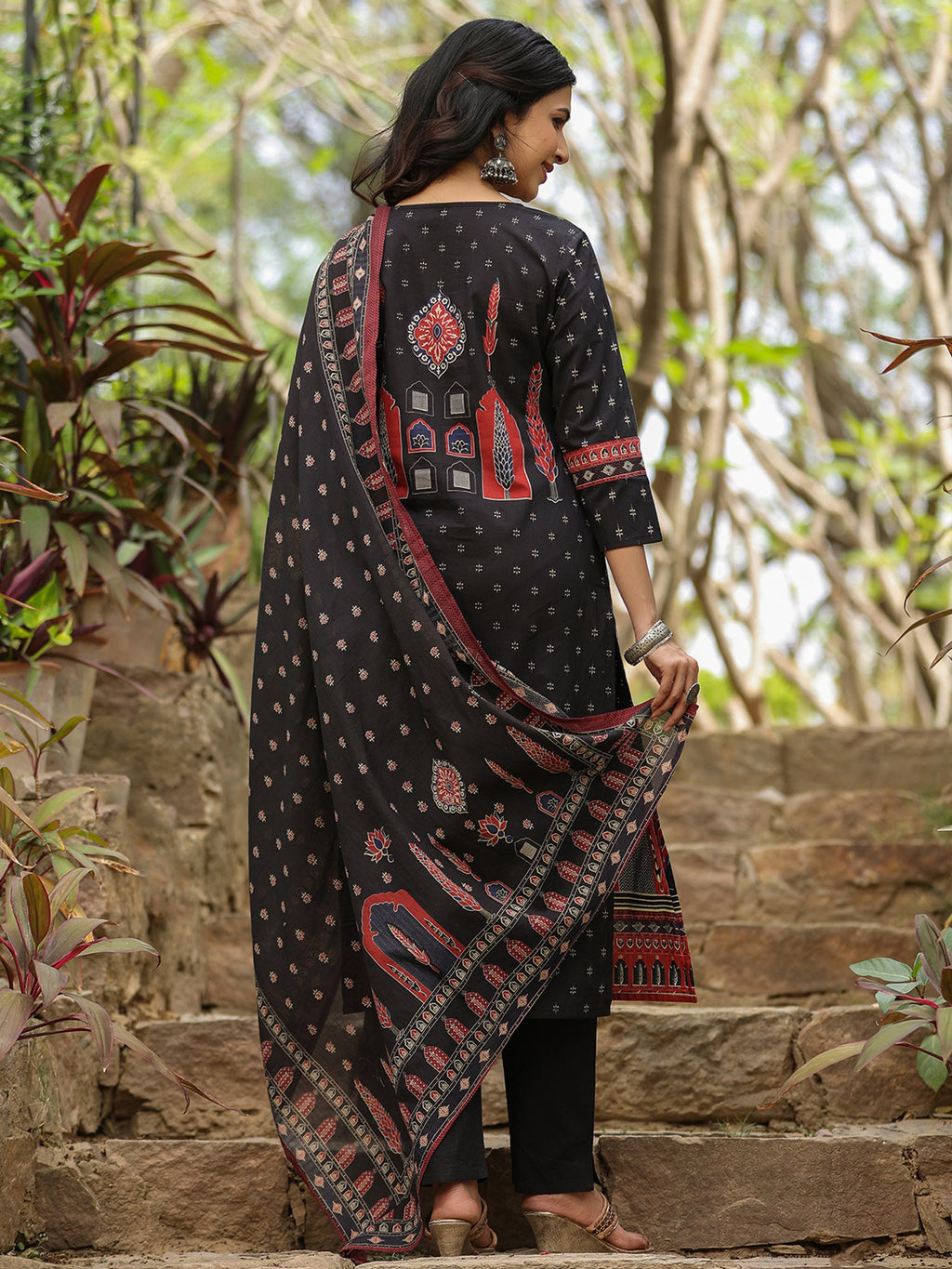 Indo Era Black Printed Straight Kurta Trousers With Dupatta set | Grocsy