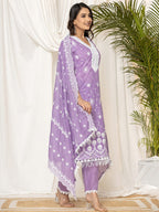 Indo Era Lavender Embroidered Straight Kurta Trousers set | Grocsy