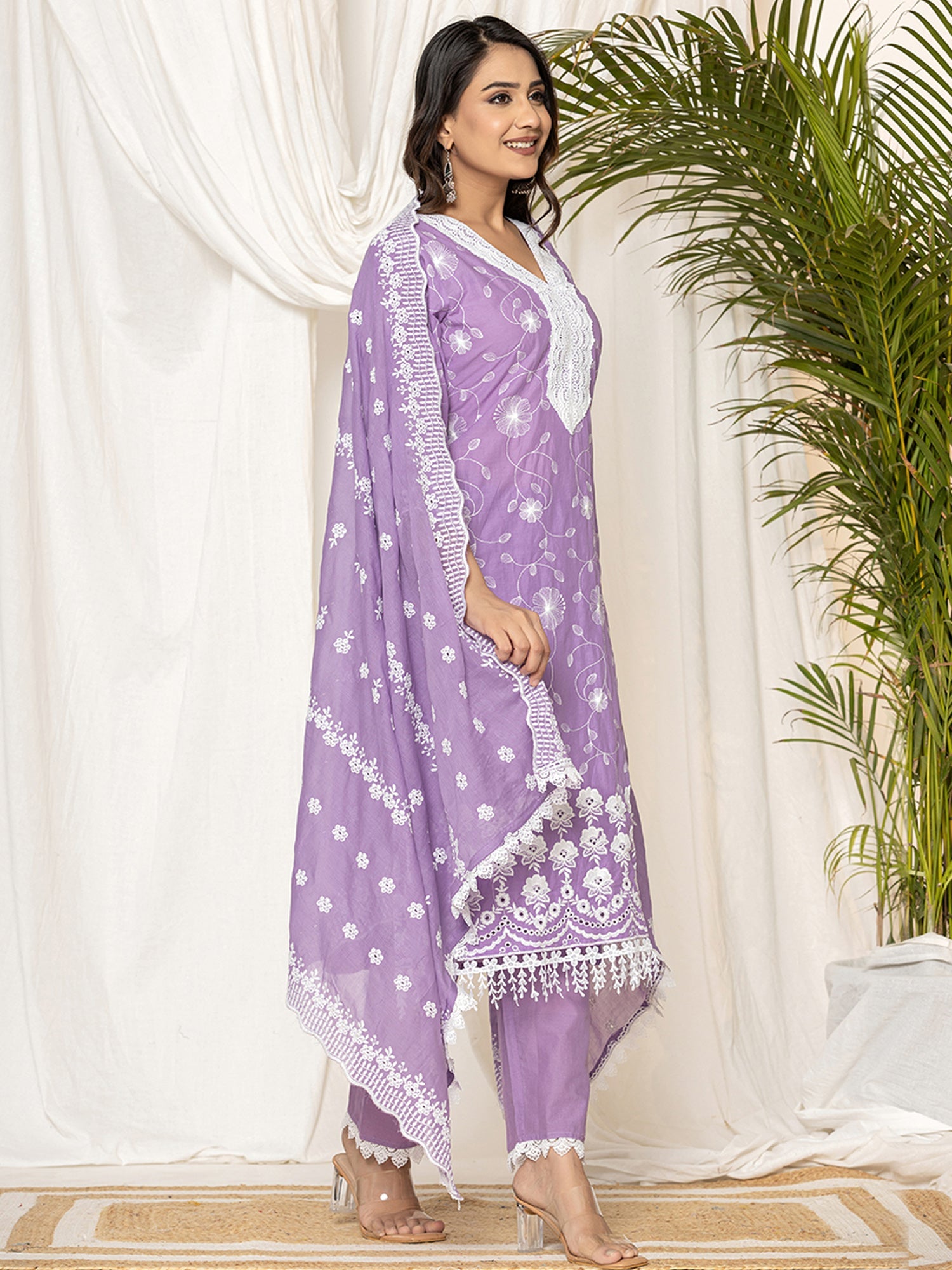 Indo Era Lavender Embroidered Straight Kurta Trousers set | Grocsy