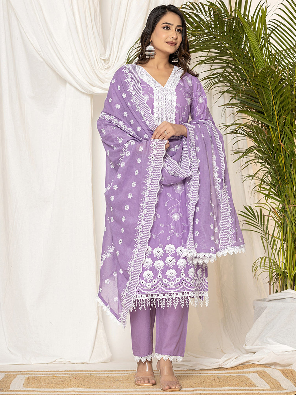 Indo Era Lavender Embroidered Straight Kurta Trousers set | Grocsy
